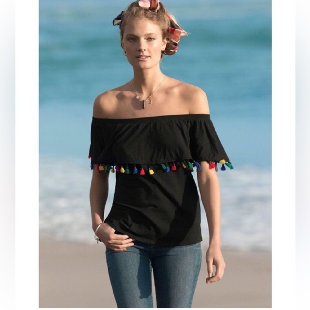 Velvet by Graham & Spencer Hermione Colorful Tassel On-Off-Shoulder Black Top Sm